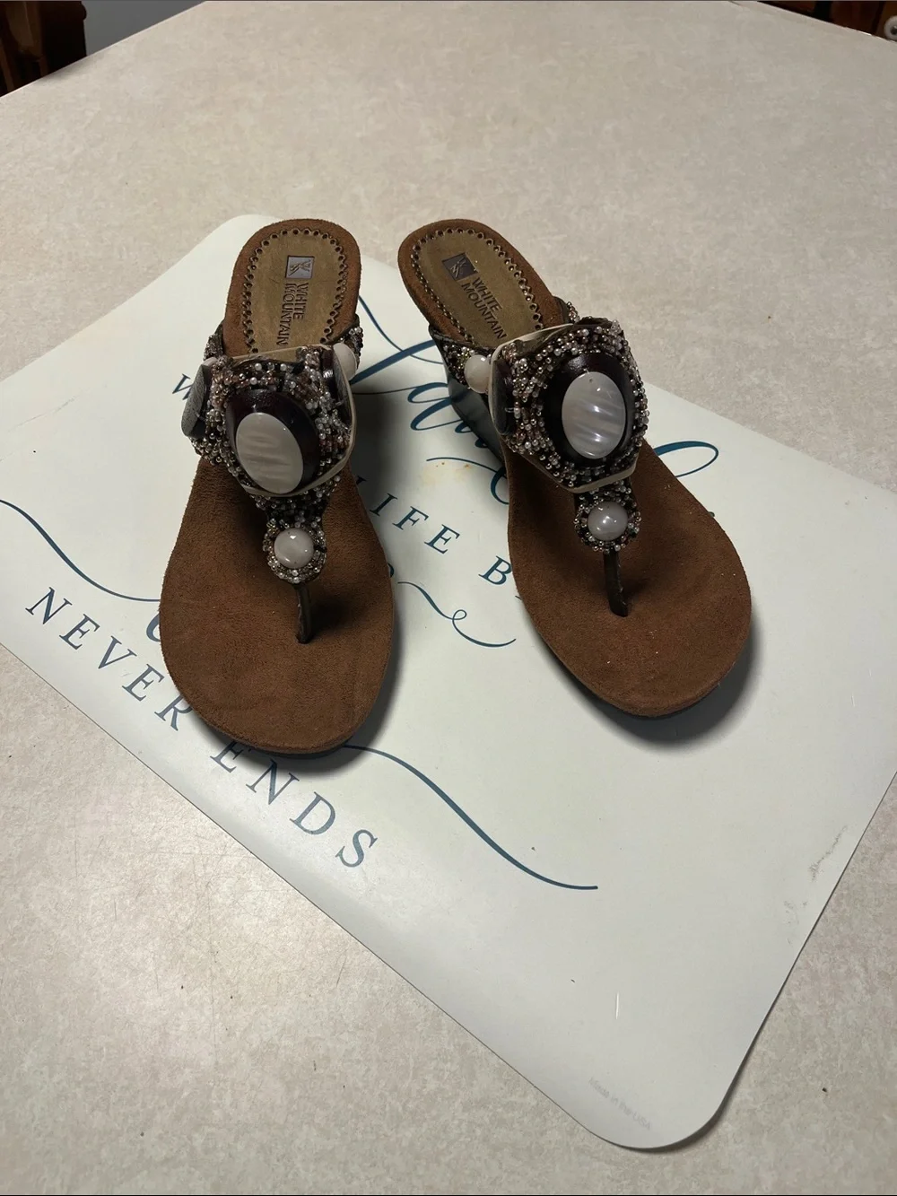 White Mountain Brown Beaded Thong Sandals with White Stone Accents
